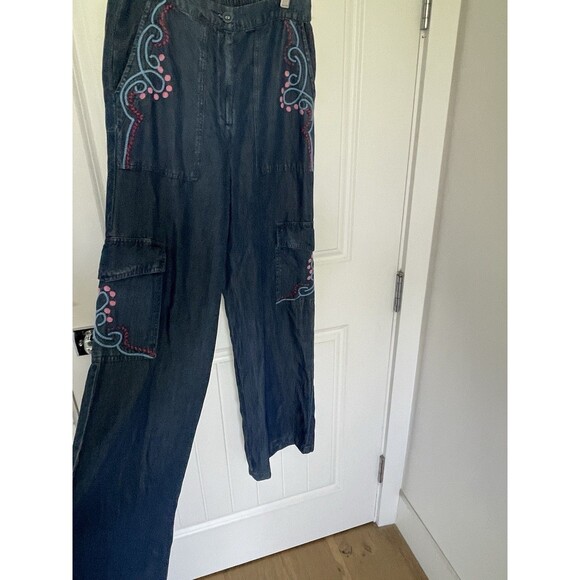 Johnny Was Workshop Embroidered Wide Leg High Elastic Waist Pants Denim Blue XS - Picture 2 of 11